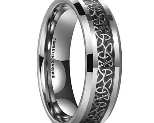 6mm - Unisex or Women's Tungsten Wedding Band. Irish Trinity Triquetra Ring. Black and Silver Tone Celtic Knot Carbon Fiber Inlay