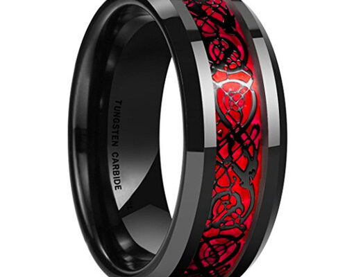 8mm - Black Tungsten Men's Wedding Band with Red Celtic Dragon Inlay