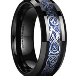 8mm - Black Tungsten Ring with Silver Celtic Dragon on Deep Dark Blue Inlay Casual Anniversary Wedding Engagement Promise Ring Men's