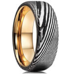 8mm - Damascus Steel with Rose Gold Inlay Domed Comfort Fit Band, 8mm for Men or Unisex Women - Wedding band etc.