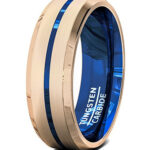 8mm - Mens Tungsten Matte Finish Rose Gold Bands with Blue Line Groove, High Polish Inside Blue Tone Ring with Mens and Womens Sizes