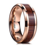 8mm - Rose Gold Plated Koa Wood Inlaid Tungsten Men's Wedding Band With Beveled Polished Edges - 8mm