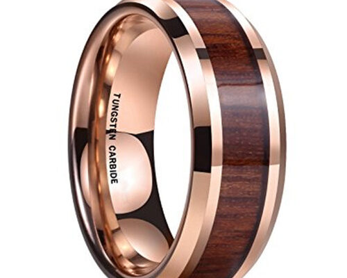 8mm - Rose Gold Plated Koa Wood Inlaid Tungsten Men's Wedding Band With Beveled Polished Edges - 8mm
