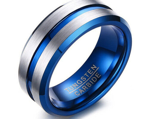 8mm - Silver and Blue Tungsten Carbide Wedding Band with Beveled edges.