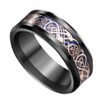 8mm - Unisex or Men's Tungsten Wedding Band. Celtic Mens Wedding bands Black with Rose Gold and Blue Resin Inlay. Celtic Knot Tungsten Carbide Ring