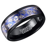 8mm - Unisex or Men's Tungsten Wedding Band. Unique Silver Spirals Ring with Blue Inlay. Comfort Fit.
