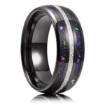 8mm - Unisex or Men's Tungsten Wedding Bands. Black Tone Multi Color Band with Rainbow Opal and Inspired Meteorite Inlay Ring (Organic colors)