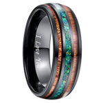 8mm - Unisex or Men's Tungsten Wedding Bands. Black Tone Multi Color Wood and Sea Green Opal Inlay Ring with I LOVE YOU engraved. (Organic colors)