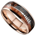 8mm - Unisex or Men's Tungsten Wedding Bands. Rose Gold Cupid's Arrow over Wood Inlay. Tungsten Ring with High Polish Dark Wood Inlay. Domed Top Ring.