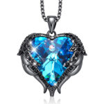 Black Pendant with Dark Blue Heart Crystal Hugged with Angel Wings and 18" Chain Necklace.
