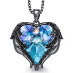 Black Pendant with Purple and Blue Heart Crystal Hugged with Angel Wings and 18" Chain Necklace.