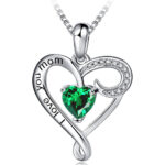 I Love You Mom - Green Stone and Clear CZ Heart Pendant with 18" Silver Tone Chain Necklace.