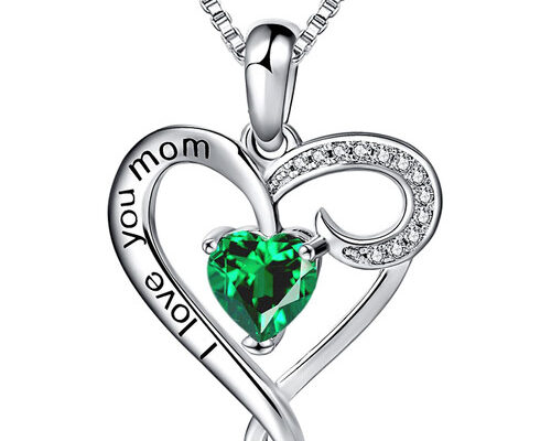 I Love You Mom - Green Stone and Clear CZ Heart Pendant with 18" Silver Tone Chain Necklace.