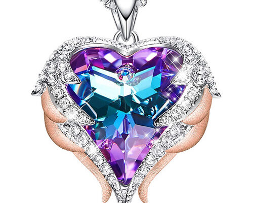 Rose Gold and White Gold (Silver Tone) Pendant with Purple and Blue Heart Crystal Hugged with Angel Wings and 18" Chain Necklace.