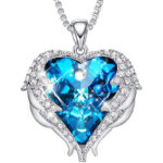Silver Tone Pendant with Light Blue Heart Crystal Hugged with Angel Wings and 18" Chain Necklace